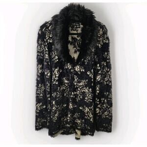 Black Rivet Womens Black Taupe Paisley Sweater Faux Fur Trim Large